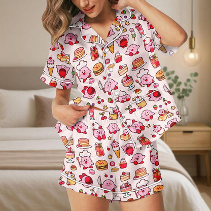 Pink Foodie Character Satin Pajama Set, Cute Dessert Print PJs for Women, Kawaii Chef Loungewear, Button Up Sleep Shorts Set