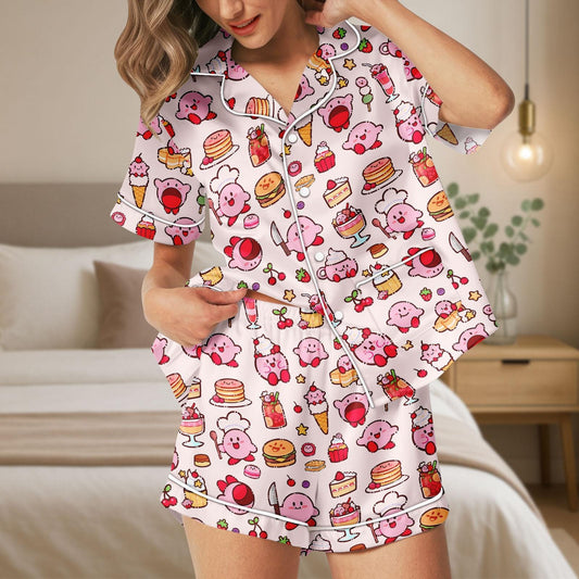 Pink Foodie Character Satin Pajama Set, Cute Dessert Print PJs for Women, Kawaii Chef Loungewear, Button Up Sleep Shorts Set