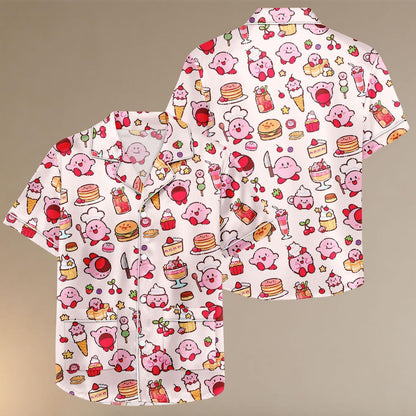 Pink Foodie Character Satin Pajama Set, Cute Dessert Print PJs for Women, Kawaii Chef Loungewear, Button Up Sleep Shorts Set