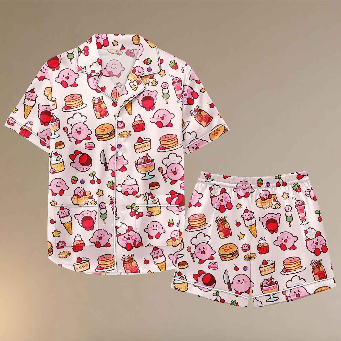 Pink Foodie Character Satin Pajama Set, Cute Dessert Print PJs for Women, Kawaii Chef Loungewear, Button Up Sleep Shorts Set