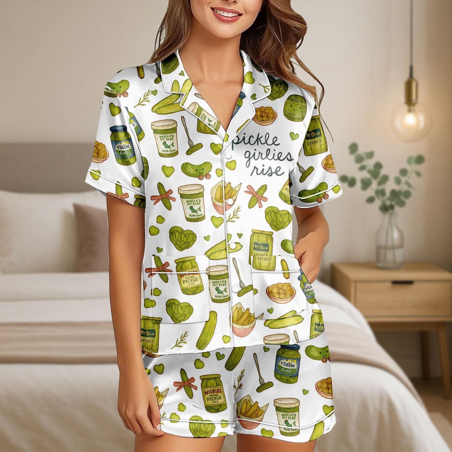 Pickle Girlies Satin Pajama Set, Funny Pickle Print PJs for Women, Button Up Short Sleeve Loungewear, Cute Foodie Sleep Set