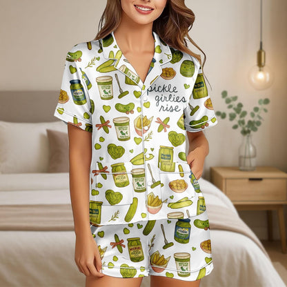 Pickle Girlies Satin Pajama Set, Funny Pickle Print PJs for Women, Button Up Short Sleeve Loungewear, Cute Foodie Sleep Set