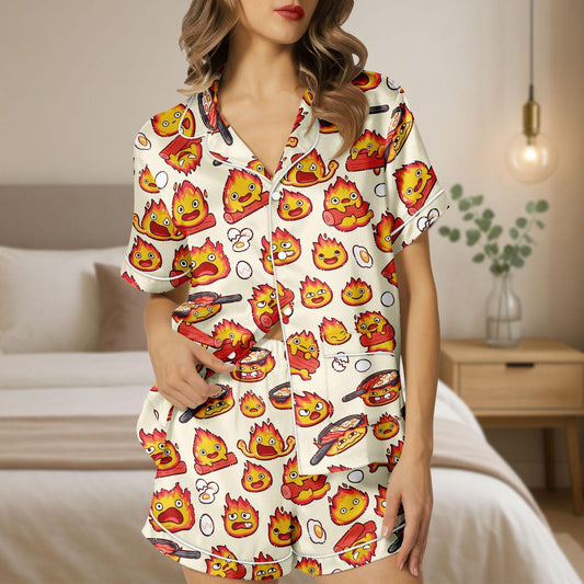 Calcifer Satin Pajama Set, Howl's Moving Castle Inspired Sleepwear, Kawaii Anime Fire Spirit Short PJs, Cute Ghibli Button Up Loungewear
