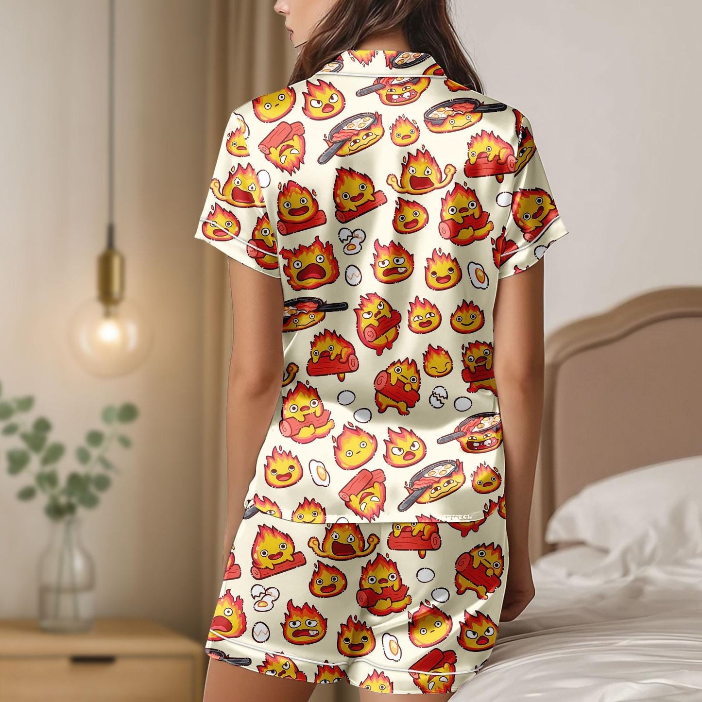 Calcifer Satin Pajama Set, Howl's Moving Castle Inspired Sleepwear, Kawaii Anime Fire Spirit Short PJs, Cute Ghibli Button Up Loungewear