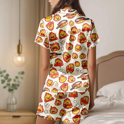 Calcifer Satin Pajama Set, Howl's Moving Castle Inspired Sleepwear, Kawaii Anime Fire Spirit Short PJs, Cute Ghibli Button Up Loungewear