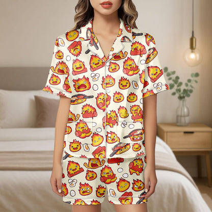 Calcifer Satin Pajama Set, Howl's Moving Castle Inspired Sleepwear, Kawaii Anime Fire Spirit Short PJs, Cute Ghibli Button Up Loungewear