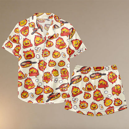 Calcifer Satin Pajama Set, Howl's Moving Castle Inspired Sleepwear, Kawaii Anime Fire Spirit Short PJs, Cute Ghibli Button Up Loungewear