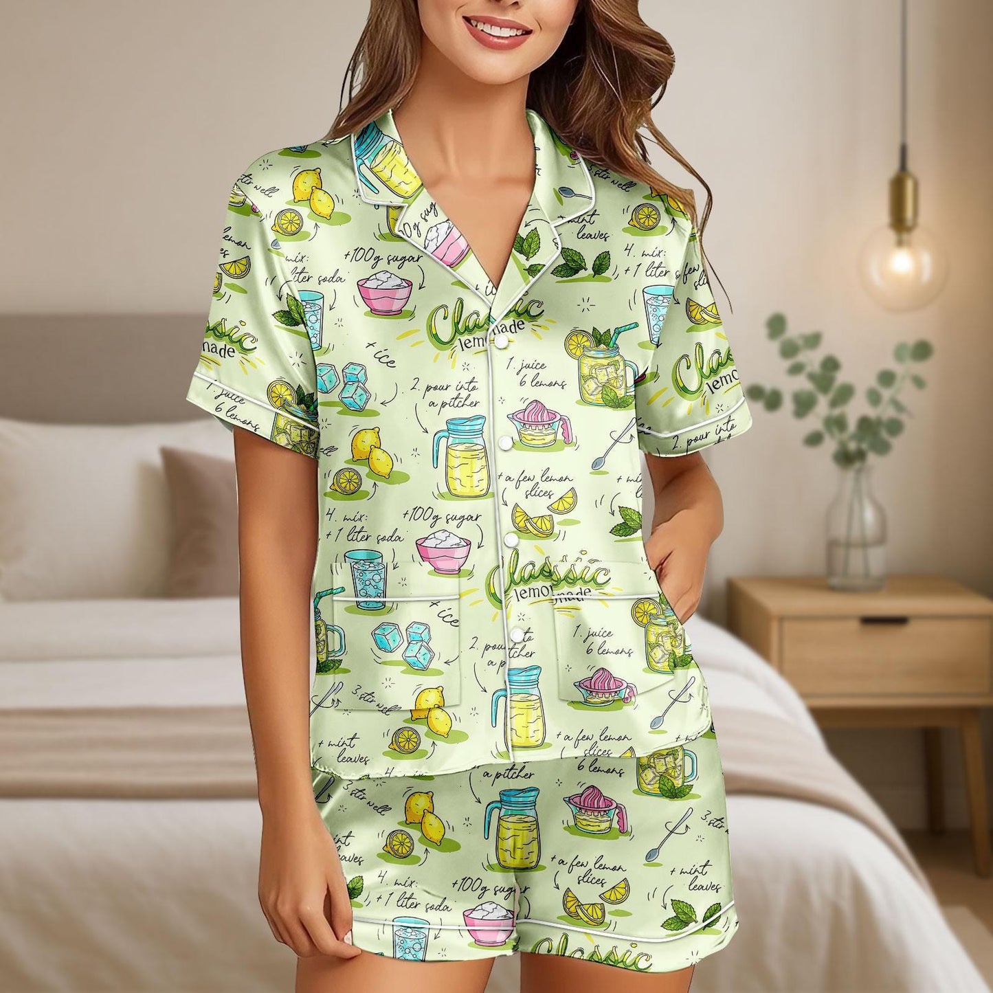 Classic Lemonade Satin Pajama Set, Summer Recipe Print PJs for Women, Short Sleeve Button Up Sleepwear, Cute Citrus Loungewear