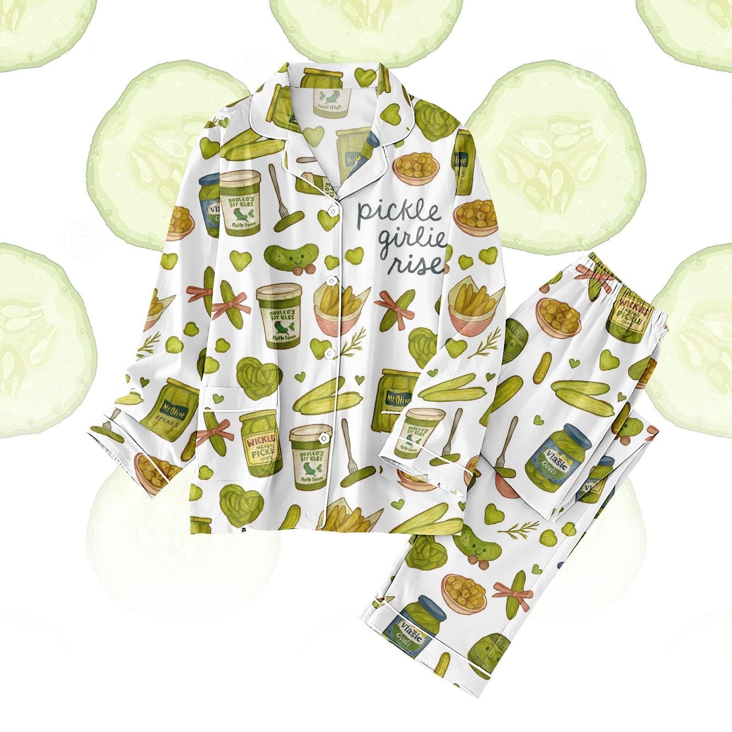 Pickle Girlies Satin Pajama Set, Funny Food Print PJs, Cute Pickle Lover Sleepwear, Long Sleeve Kawaii Loungewear