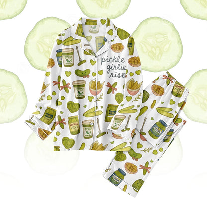 Pickle Girlies Satin Pajama Set, Funny Food Print PJs, Cute Pickle Lover Sleepwear, Long Sleeve Kawaii Loungewear