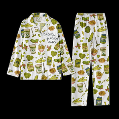 Pickle Girlies Satin Pajama Set, Funny Food Print PJs, Cute Pickle Lover Sleepwear, Long Sleeve Kawaii Loungewear