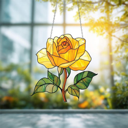 Yellow Rose Window Hanging, Floral Window Art, Stained Window Decoration, Home Decor, Vibrant Flower Art, Unique Window Decoration