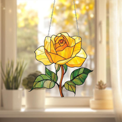 Yellow Rose Window Hanging, Floral Window Art, Stained Window Decoration, Home Decor, Vibrant Flower Art, Unique Window Decoration