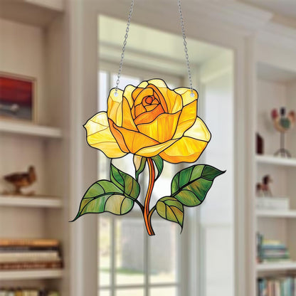 Yellow Rose Window Hanging, Floral Window Art, Stained Window Decoration, Home Decor, Vibrant Flower Art, Unique Window Decoration