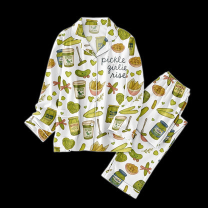 Pickle Girlies Satin Pajama Set, Funny Food Print PJs, Cute Pickle Lover Sleepwear, Long Sleeve Kawaii Loungewear