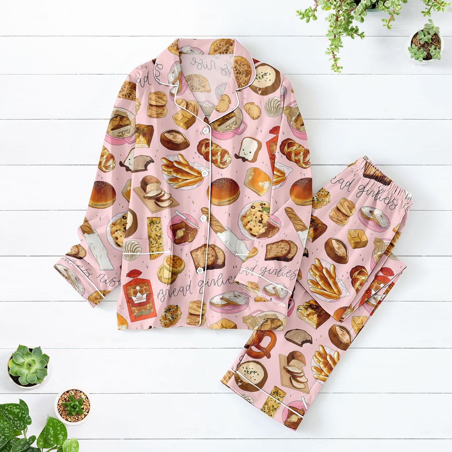 Bread Girlies Satin Pajama Set, Bakery Print Long Sleeve PJs, Cute Foodie Sleepwear, Pink Carb Lover Loungewear for Women