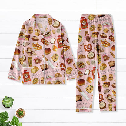 Bread Girlies Satin Pajama Set, Bakery Print Long Sleeve PJs, Cute Foodie Sleepwear, Pink Carb Lover Loungewear for Women
