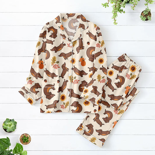 Fall Dachshund Satin Pajama Set, Autumn Wiener Dog Long PJs, Pumpkin Leaf Dog Print Sleepwear, Cozy Dog Mom Loungewear