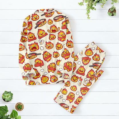 Calcifer Satin Pajama Set, Howl's Moving Castle Inspired Sleepwear, Kawaii Fire Character PJs, Anime Loungewear, Creamy Long Sleeve Set