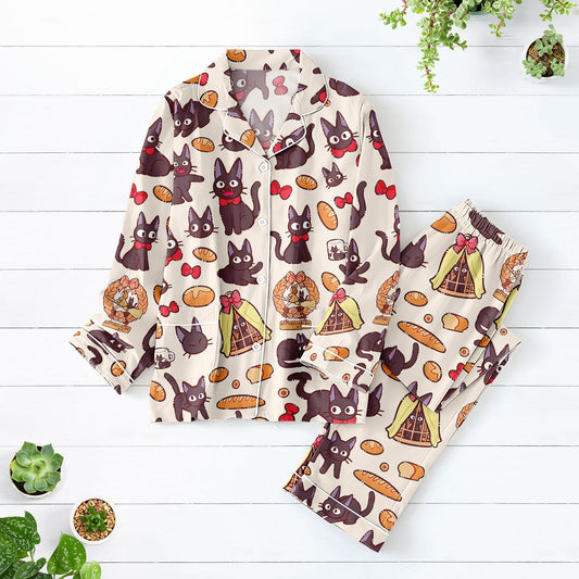 Black Cat and Bread Long Pajama Set, Cute Kawaii Bakery Print PJs, Cozy Cartoon Sleepwear for Women, Neko Foodie Pajamas