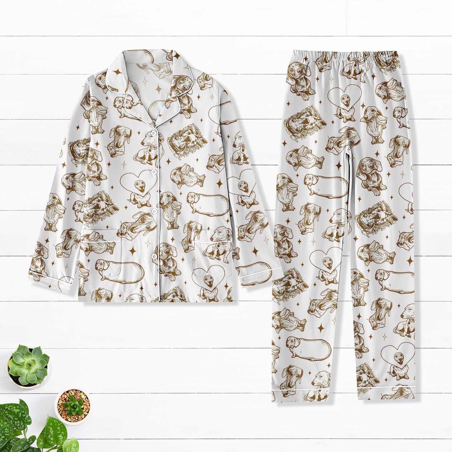 Dachshund Satin Pajama Set, Vintage Line Art Dog Print Long PJs, Sausage Dog Lover Sleepwear, Cozy Pet-Themed Loungewear