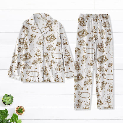 Dachshund Satin Pajama Set, Vintage Line Art Dog Print Long PJs, Sausage Dog Lover Sleepwear, Cozy Pet-Themed Loungewear