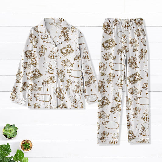 Dachshund Satin Pajama Set, Vintage Line Art Dog Print Long PJs, Sausage Dog Lover Sleepwear, Cozy Pet-Themed Loungewear