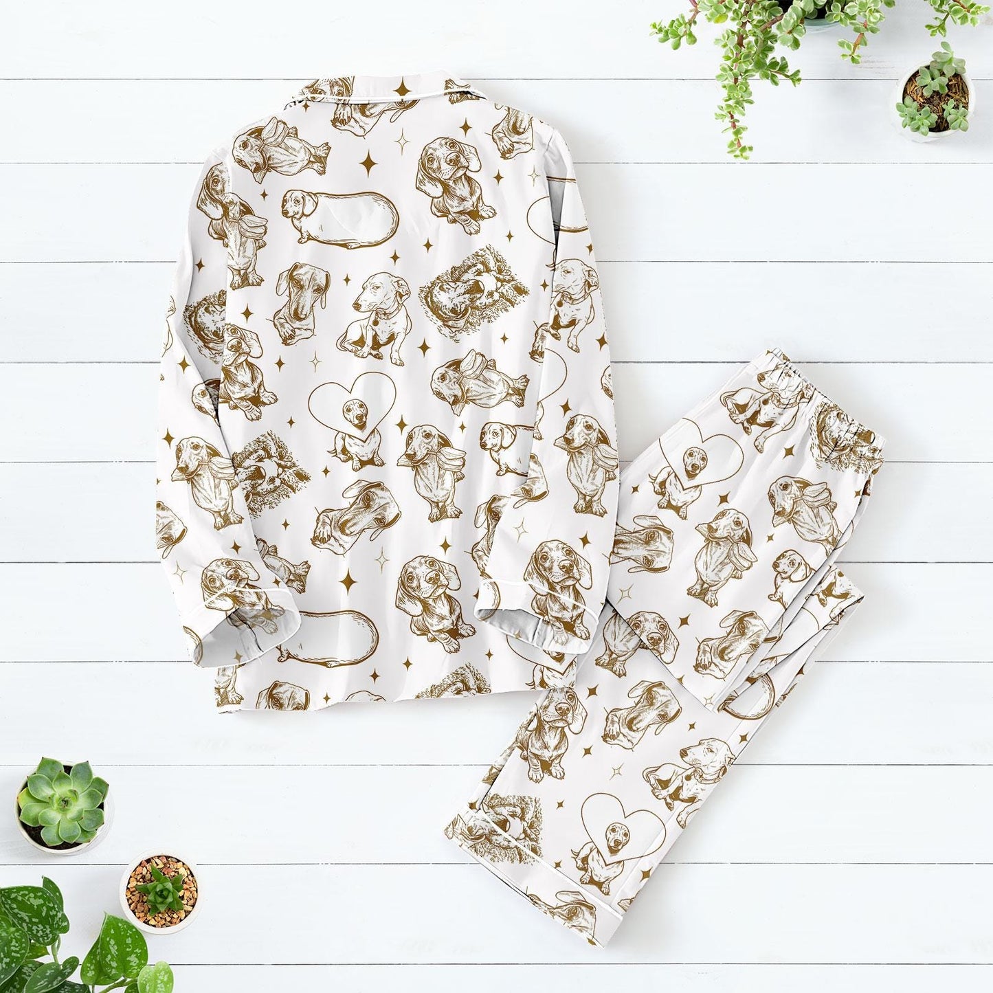 Dachshund Satin Pajama Set, Vintage Line Art Dog Print Long PJs, Sausage Dog Lover Sleepwear, Cozy Pet-Themed Loungewear