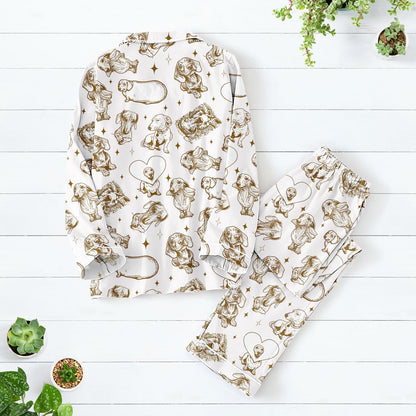 Dachshund Satin Pajama Set, Vintage Line Art Dog Print Long PJs, Sausage Dog Lover Sleepwear, Cozy Pet-Themed Loungewear