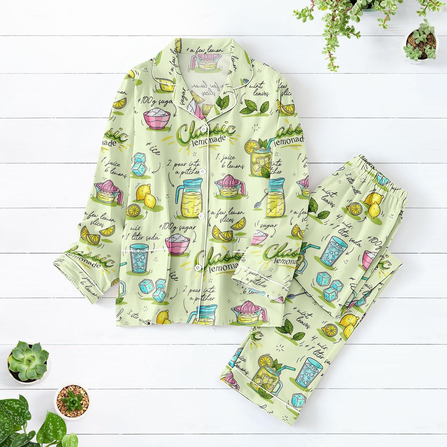 Classic Lemonade Satin Pajama Set, Citrus Recipe Print Long PJs, Summer Drink Sleepwear, Cute Foodie Loungewear for Women