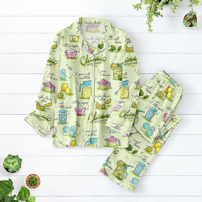 Classic Lemonade Satin Pajama Set, Citrus Recipe Print Long PJs, Summer Drink Sleepwear, Cute Foodie Loungewear for Women
