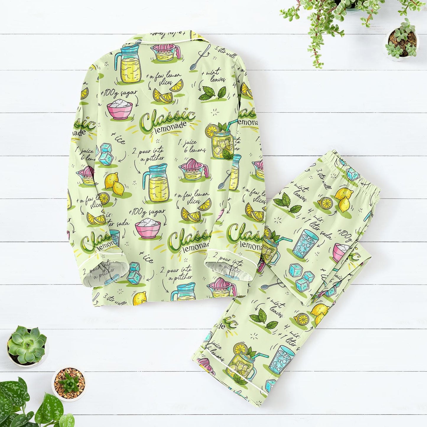 Classic Lemonade Satin Pajama Set, Citrus Recipe Print Long PJs, Summer Drink Sleepwear, Cute Foodie Loungewear for Women