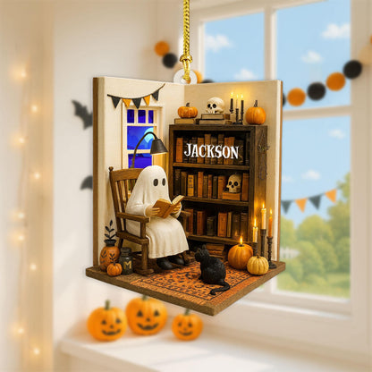 Personalized Ghost Reading Book 2D Flat Acrylic Ornament, Reading Room Halloween Ornament, Bookshelf Gift, Halloween Ghost Window Hangings