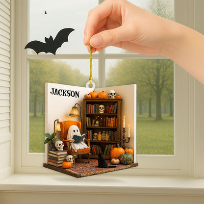 Personalized Ghost Reading Book 2D Flat Acrylic Ornament, Reading Room Halloween Ornament, Bookshelf Gift, Halloween Ghost Window Hangings