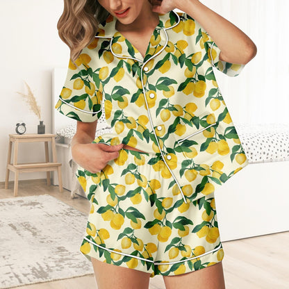 Lemon Short Satin Pajamas, Kawaii Lemon Pajamas Women, Summer Pajama Shorts For Women, Bridal Party Silk Pajamas Women