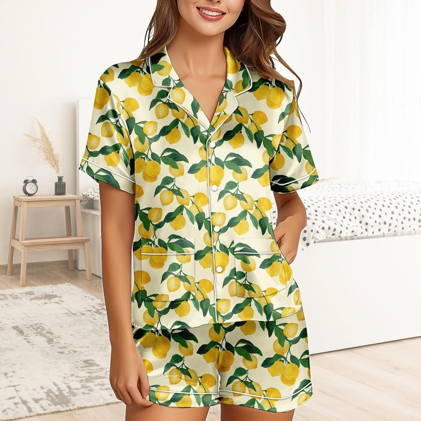 Lemon Short Satin Pajamas, Kawaii Lemon Pajamas Women, Summer Pajama Shorts For Women, Bridal Party Silk Pajamas Women