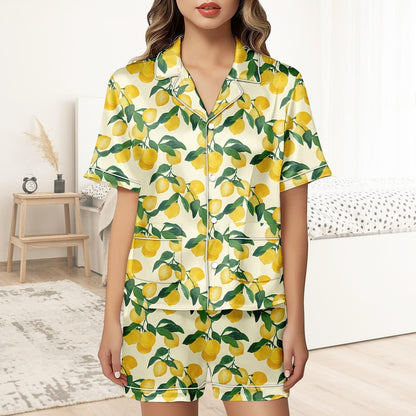 Lemon Short Satin Pajamas, Kawaii Lemon Pajamas Women, Summer Pajama Shorts For Women, Bridal Party Silk Pajamas Women