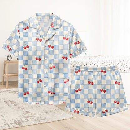 Cherry Short Satin Pajamas, Fruit Print Cherry Pajamas Set Women, Retro Silk Pajamas For Women, Matching Pajama Shorts Women