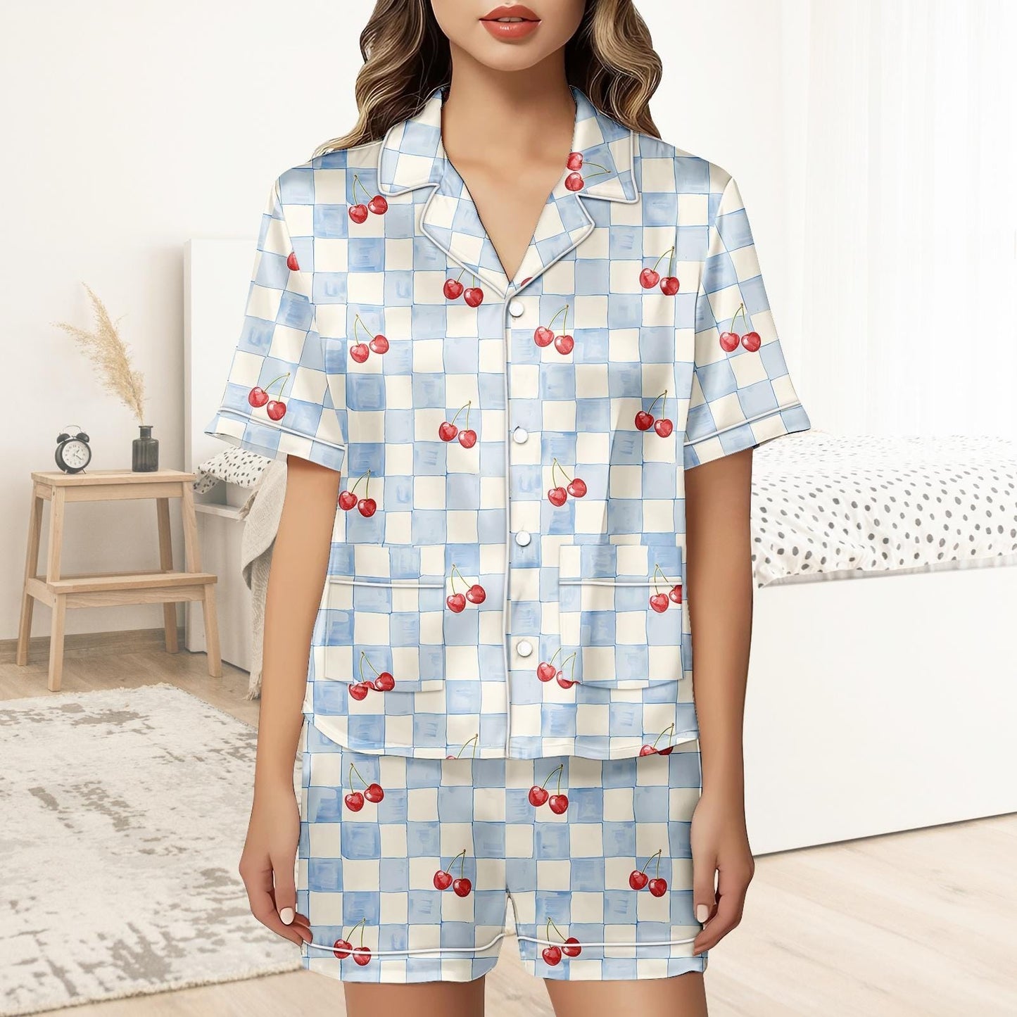 Cherry Short Satin Pajamas, Fruit Print Cherry Pajamas Set Women, Retro Silk Pajamas For Women, Matching Pajama Shorts Women