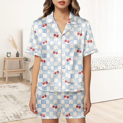 Cherry Short Satin Pajamas, Fruit Print Cherry Pajamas Set Women, Retro Silk Pajamas For Women, Matching Pajama Shorts Women