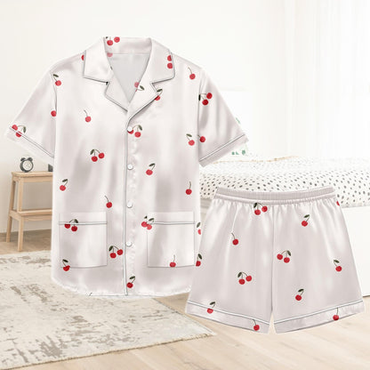 Cherry Short Satin Pajamas, Funny Cherry Pajamas Set Women, Fruit Print Bridal Party Pajamas Women, Summer Matching Pajamas Shorts Wome