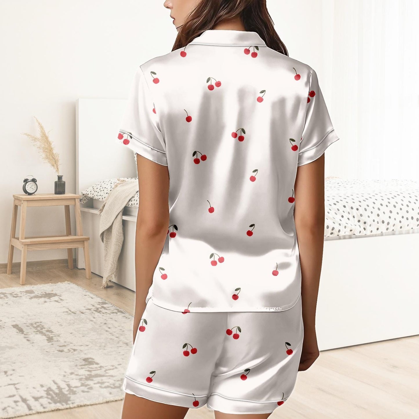 Cherry Short Satin Pajamas, Funny Cherry Pajamas Set Women, Fruit Print Bridal Party Pajamas Women, Summer Matching Pajamas Shorts Wome