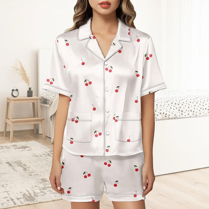 Cherry Short Satin Pajamas, Funny Cherry Pajamas Set Women, Fruit Print Bridal Party Pajamas Women, Summer Matching Pajamas Shorts Wome