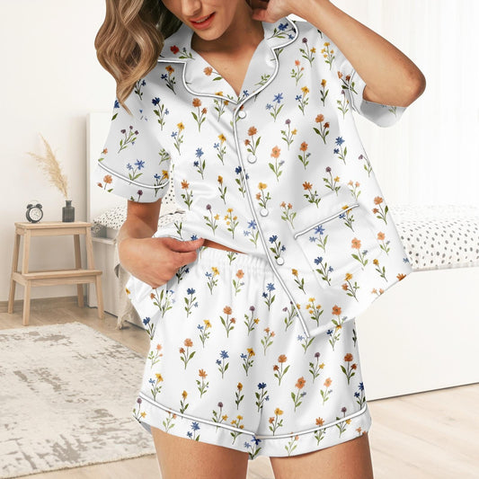 Floral Short Satin Pajamas, Pastel Floral Pajamas Set Women, Blossom Silk Pajamas For Women, Cottagecore Matching Pajama Shorts Women