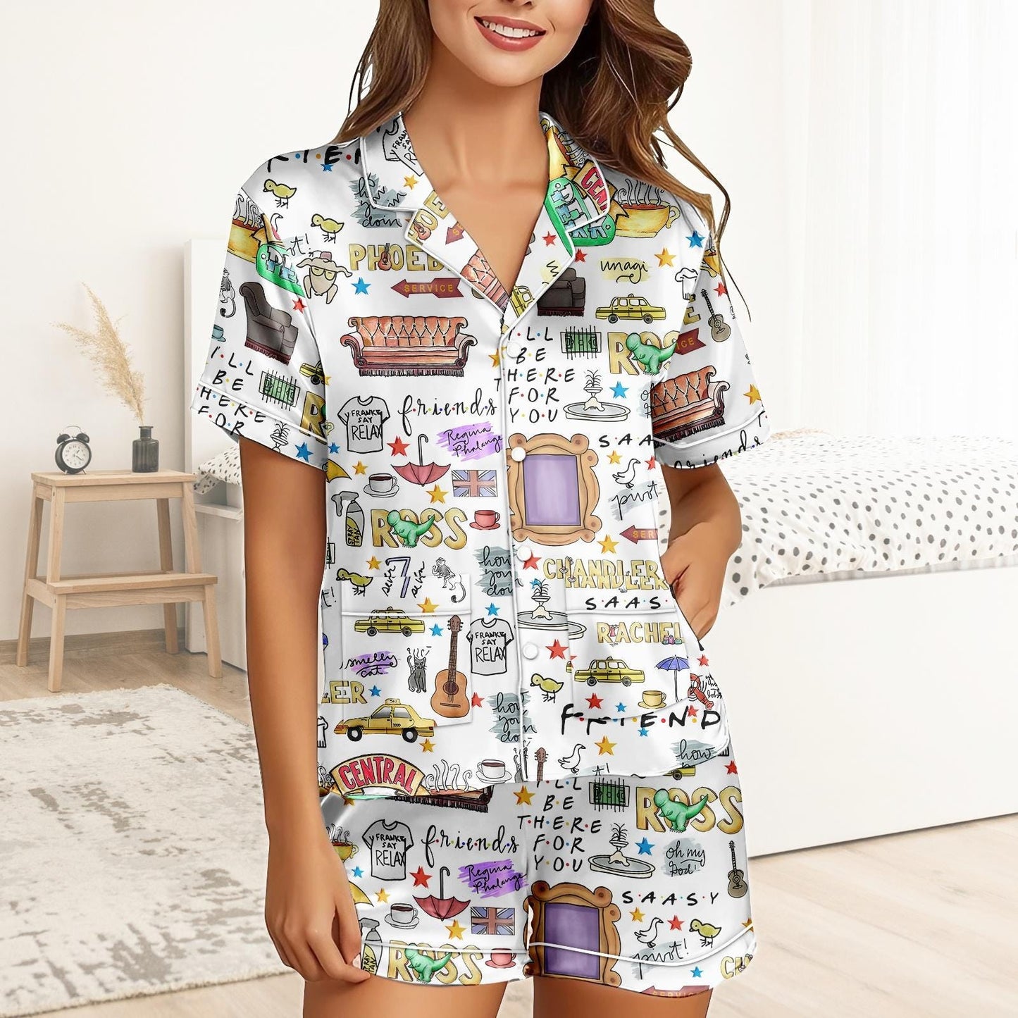 Friends Series Short Satin Pajamas, Central Perk Pajamas Set Women, Pastel Silk Pajamas, Matching Pajama Shorts, 90s Sitcom Pajamas