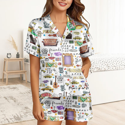 Friends Series Short Satin Pajamas, Central Perk Pajamas Set Women, Pastel Silk Pajamas, Matching Pajama Shorts, 90s Sitcom Pajamas
