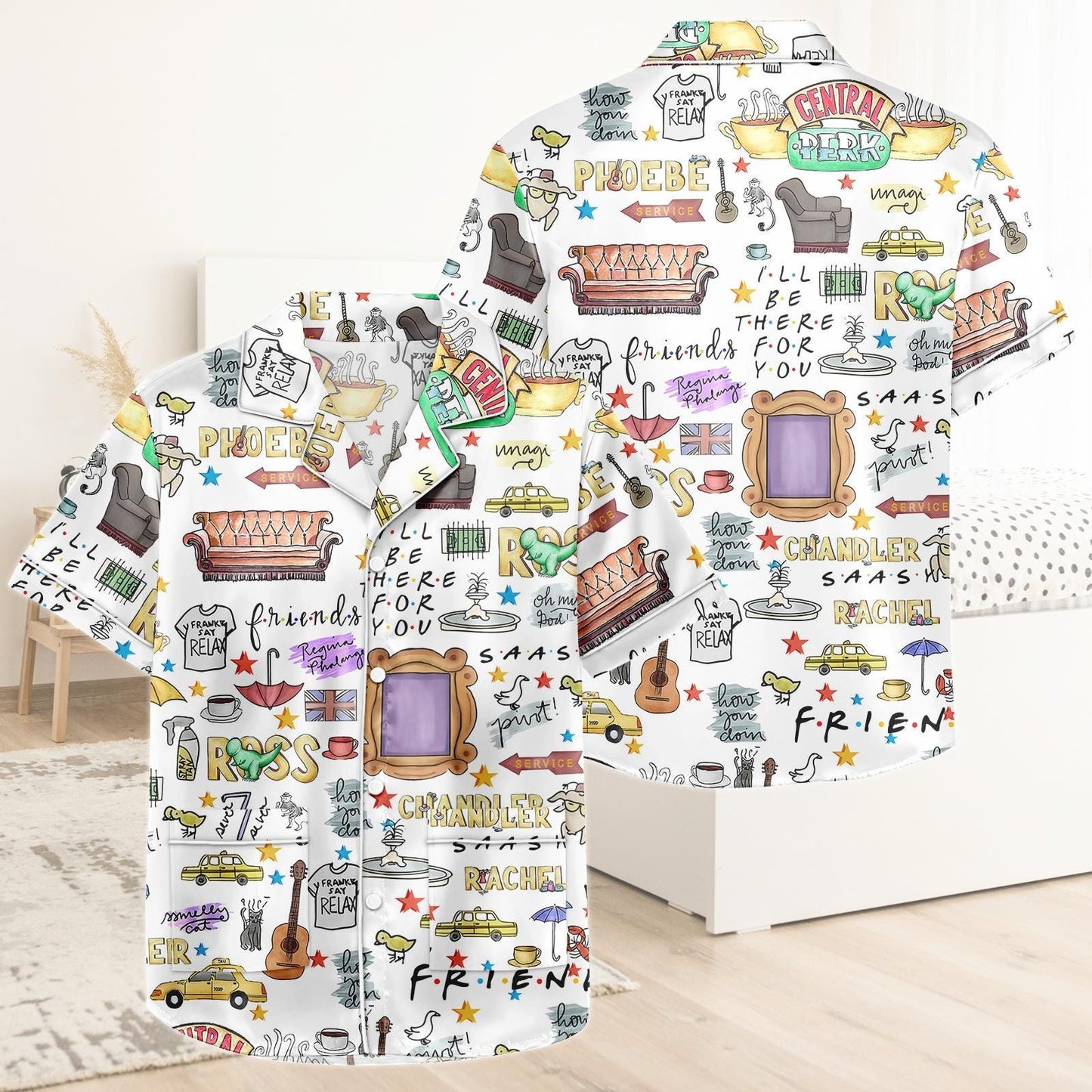 Friends Series Short Satin Pajamas, Central Perk Pajamas Set Women, Pastel Silk Pajamas, Matching Pajama Shorts, 90s Sitcom Pajamas