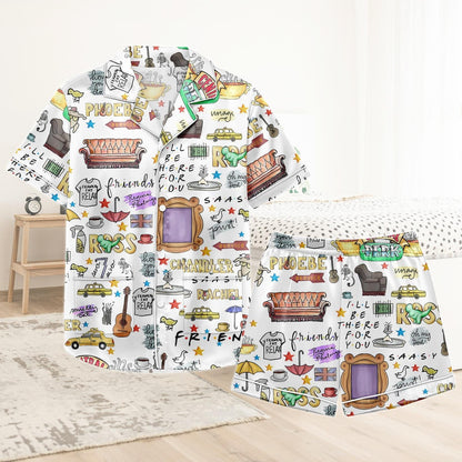 Friends Series Short Satin Pajamas, Central Perk Pajamas Set Women, Pastel Silk Pajamas, Matching Pajama Shorts, 90s Sitcom Pajamas