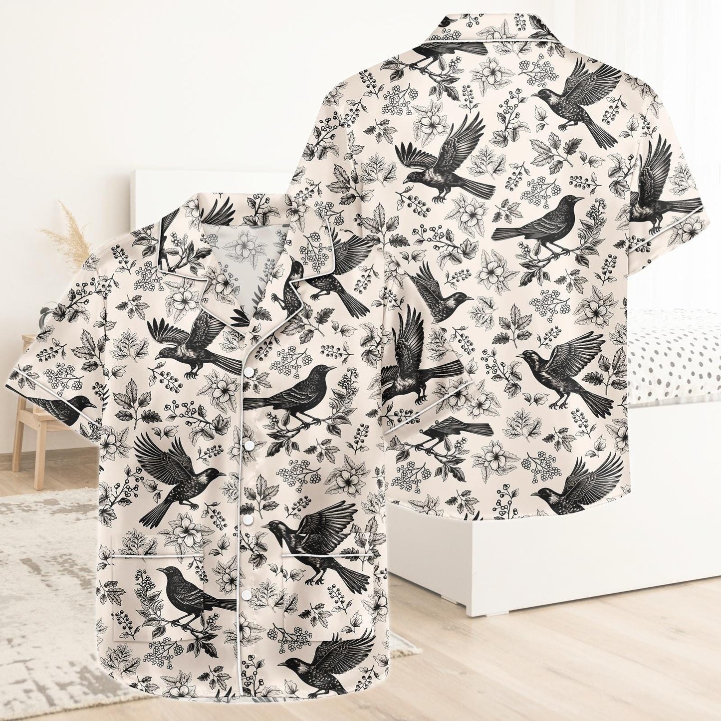 Craw Bird Short Satin Pajamas, Gothic Crow Pajamas Set Women, Vintage Raven Silk Pajamas For Women, Dark Academia Matching Pajamas Wome