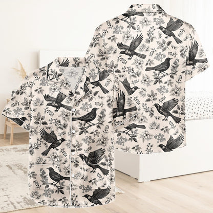 Craw Bird Short Satin Pajamas, Gothic Crow Pajamas Set Women, Vintage Raven Silk Pajamas For Women, Dark Academia Matching Pajamas Wome